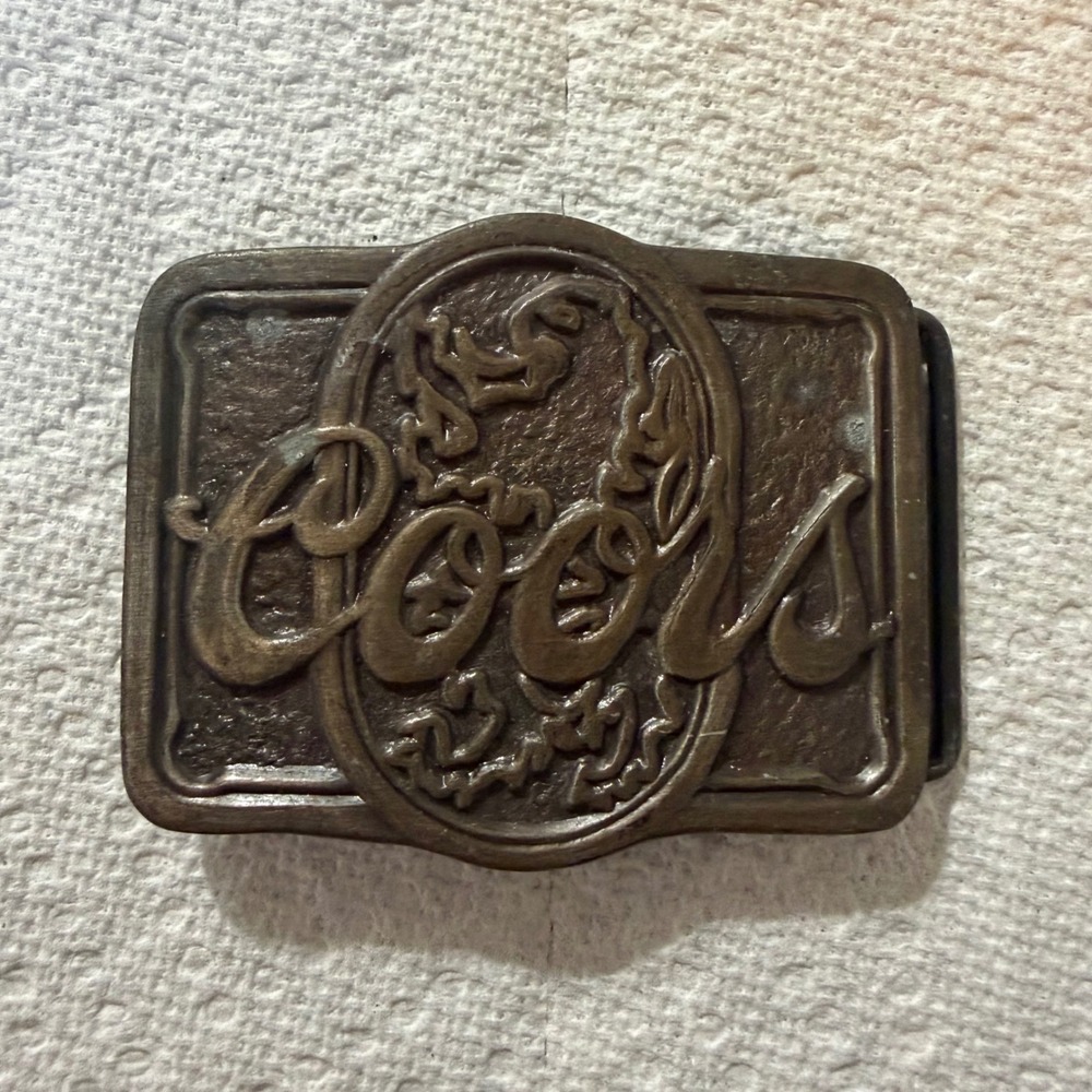 Vintage Coors Beer Belt Buckle Antiqued Bronze Tone Embossed Logo Western Style